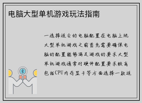 电脑大型单机游戏玩法指南